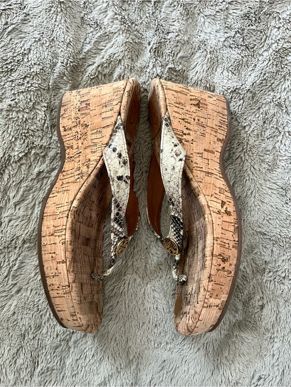 Tory Burch Suzy Cork Leather Thong Sandals with Snake-Print Straps and Gold Logo